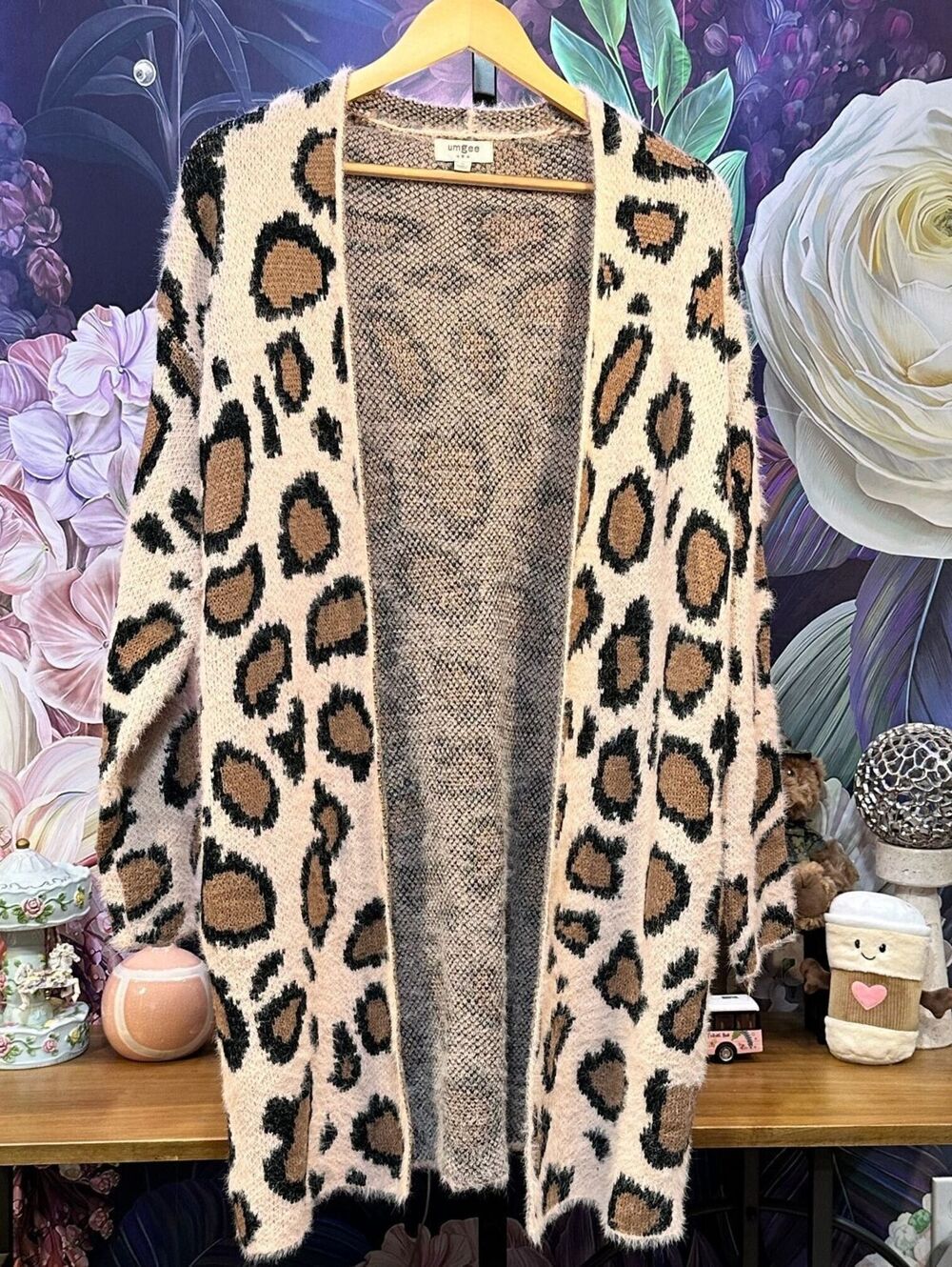 Umgee USA M Leopard Longline Cardigan Boho Glam Statement Maximalist Fuzzy Knit